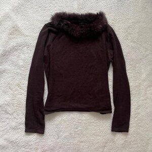 Brown Faux Fur Collar Top